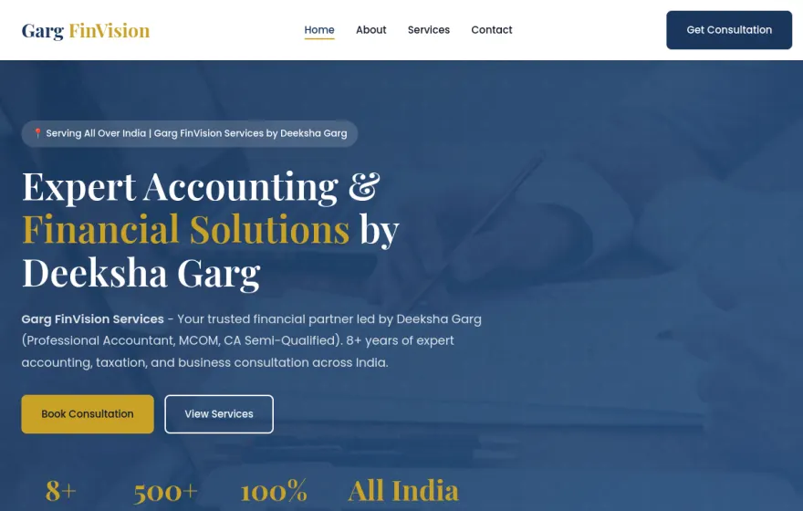 Live website screenshot — Garg FinVision Services accounting practice site built by RioCloud Solutions
