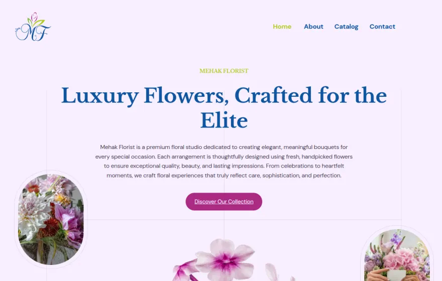 Live website screenshot — Mehak Florists e-commerce store built by RioCloud Solutions (1,650% Instagram growth)